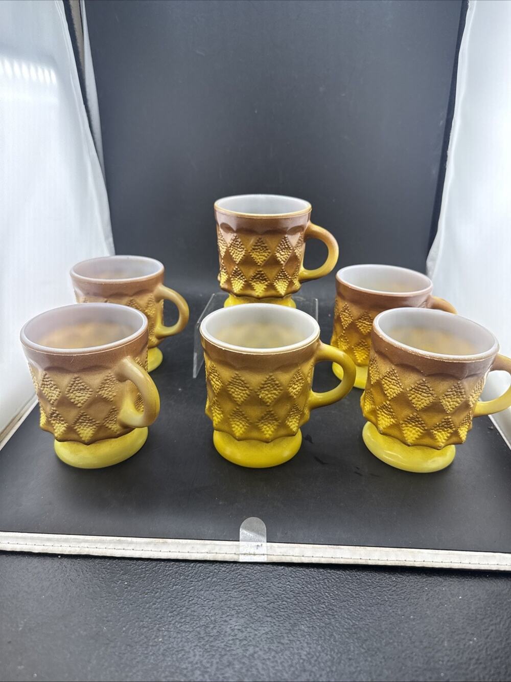 Vtg Fire King Kimberly Mugs Set of 6 Yellow Brown Ombre Diamond Milk Glass MCM